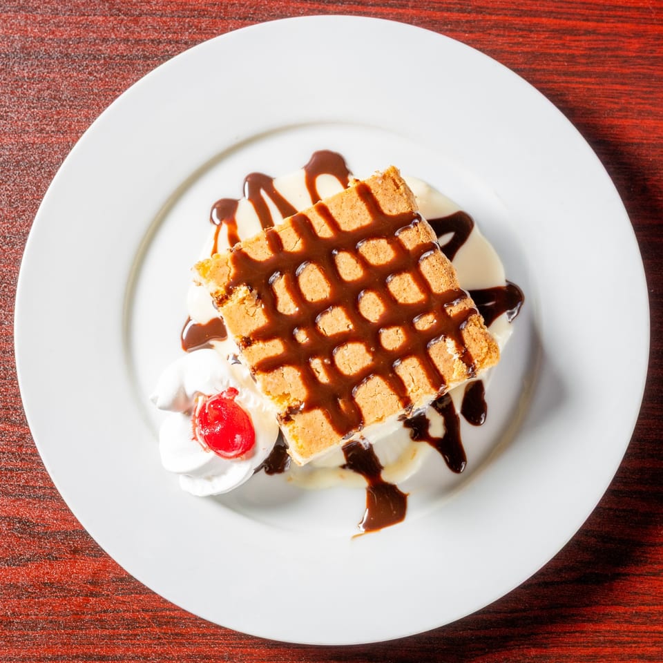 Overhead view of tres leches cake.
