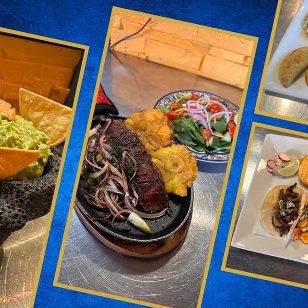 A collage of various Latin American dishes, including tacos, guacamole, steak, and cocktails.
